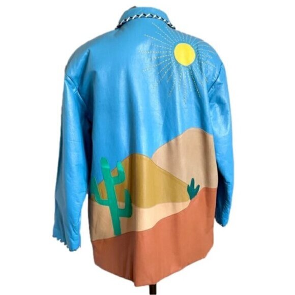 Vintage 80s Hannah Pang Blue Patchwork Leather Southwestern Jacket - M/L - Picture 10 of 14